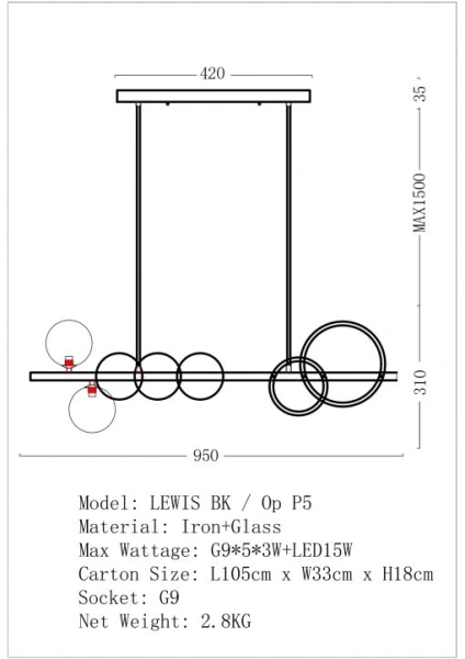 Pendant lamp Lewis 5 G9 LED 15W 3K BLK