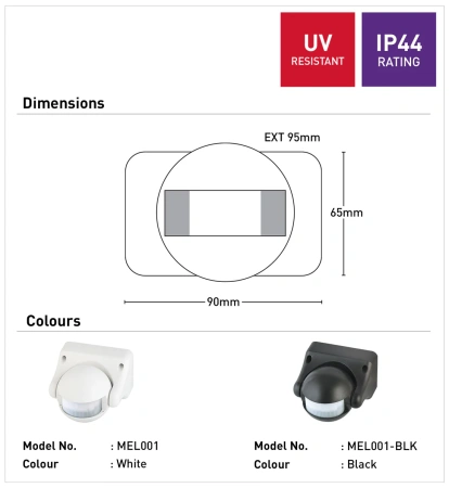 Compact PIR Sensor 180 Degree Sensory IP44 BLK
