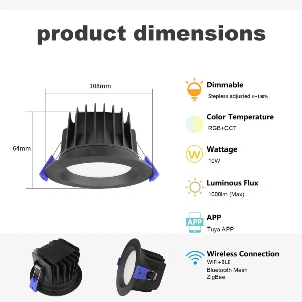 EyZee Smart Downlights Vibrant Ambiance Bezel BLK Zigbee 90mm RGBW