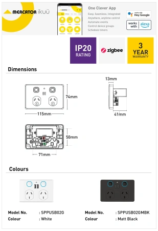 Double Power Point Ikuü Smart Zigbee With USB BLK Wifi