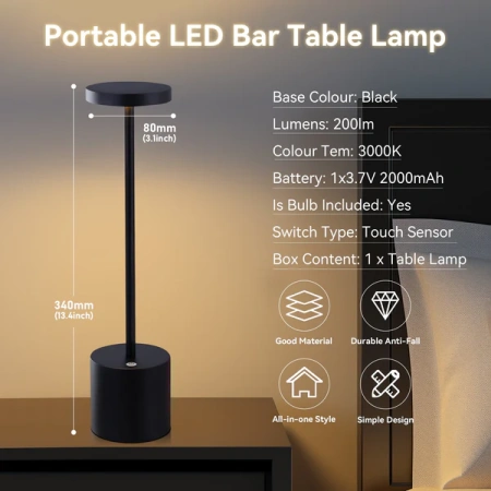 Table lamp Portable LED Bar rechargeable  Black