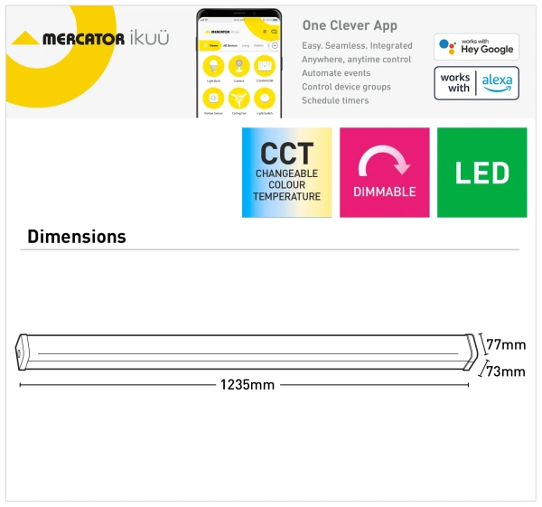 Batten Light Ford Ikuü Smart Wi-Fi LED 40W CCT Dim L123 WHT