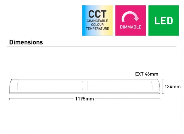 Batten Light Metro 48W LED CCT L119 Dim WHT